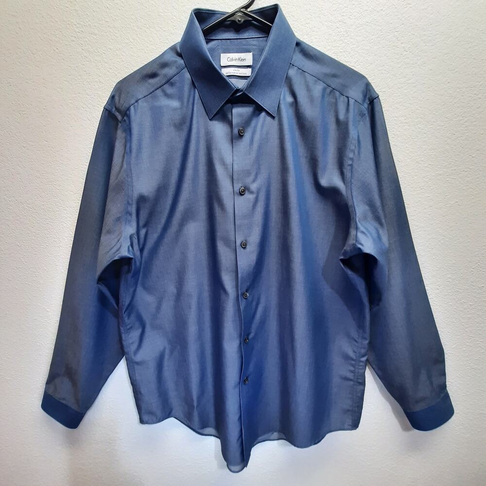 Calvin Klein Men's Blue Micro Dot Slim Fit Dress Shirt l Size: 16.5 (34/35)